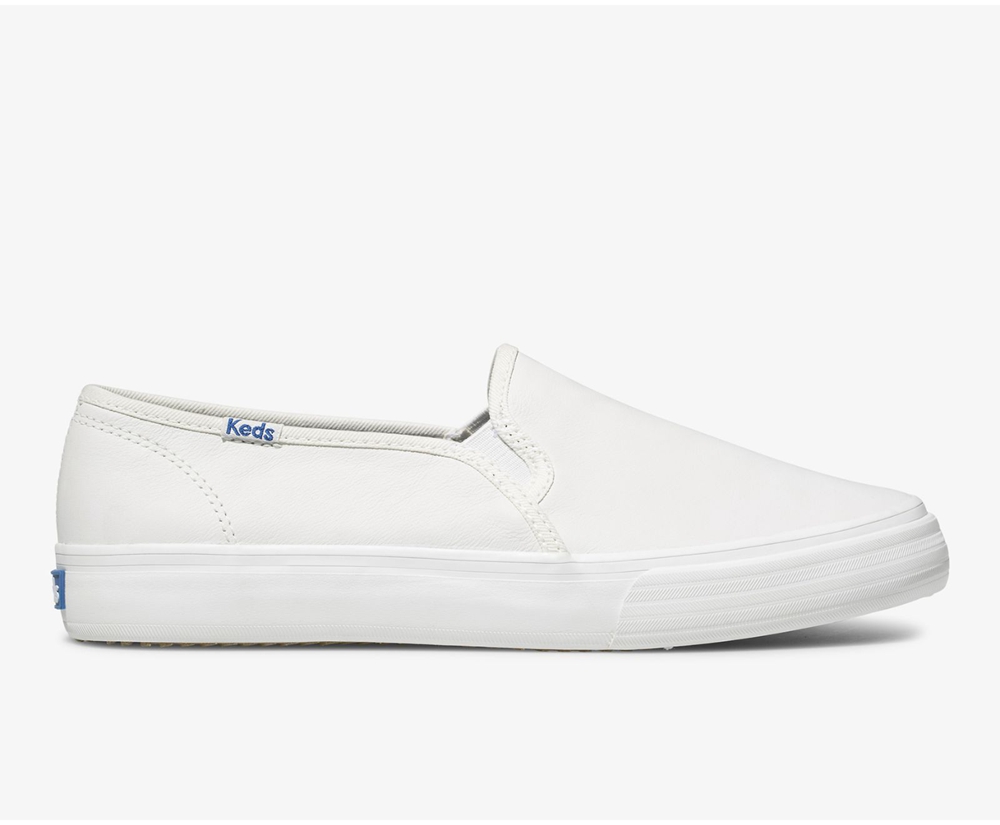 Womens Keds Slip Ons - Double Decker Leather - White - 5129-DRFHY